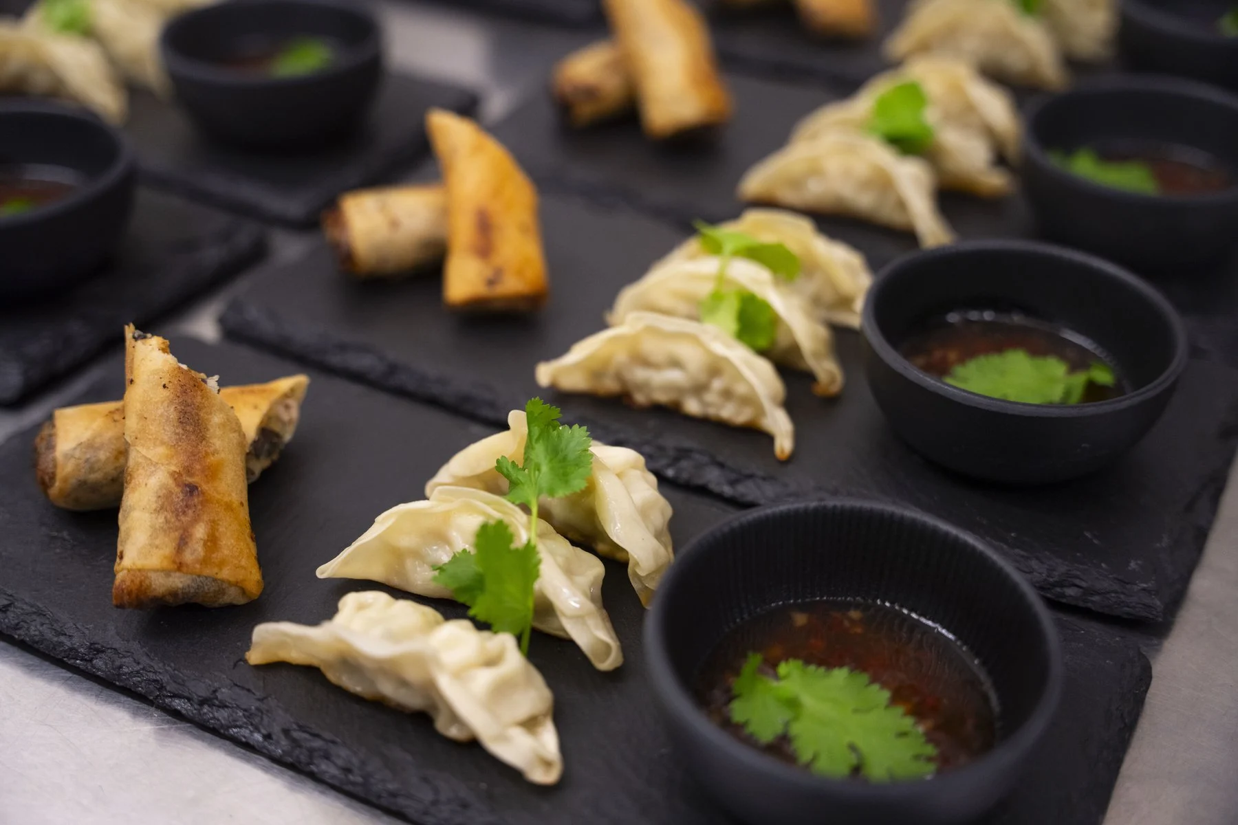 Dumplings and spring rolls with dipping sauce on slate boards at a private event at Haus Jordans, Neuss